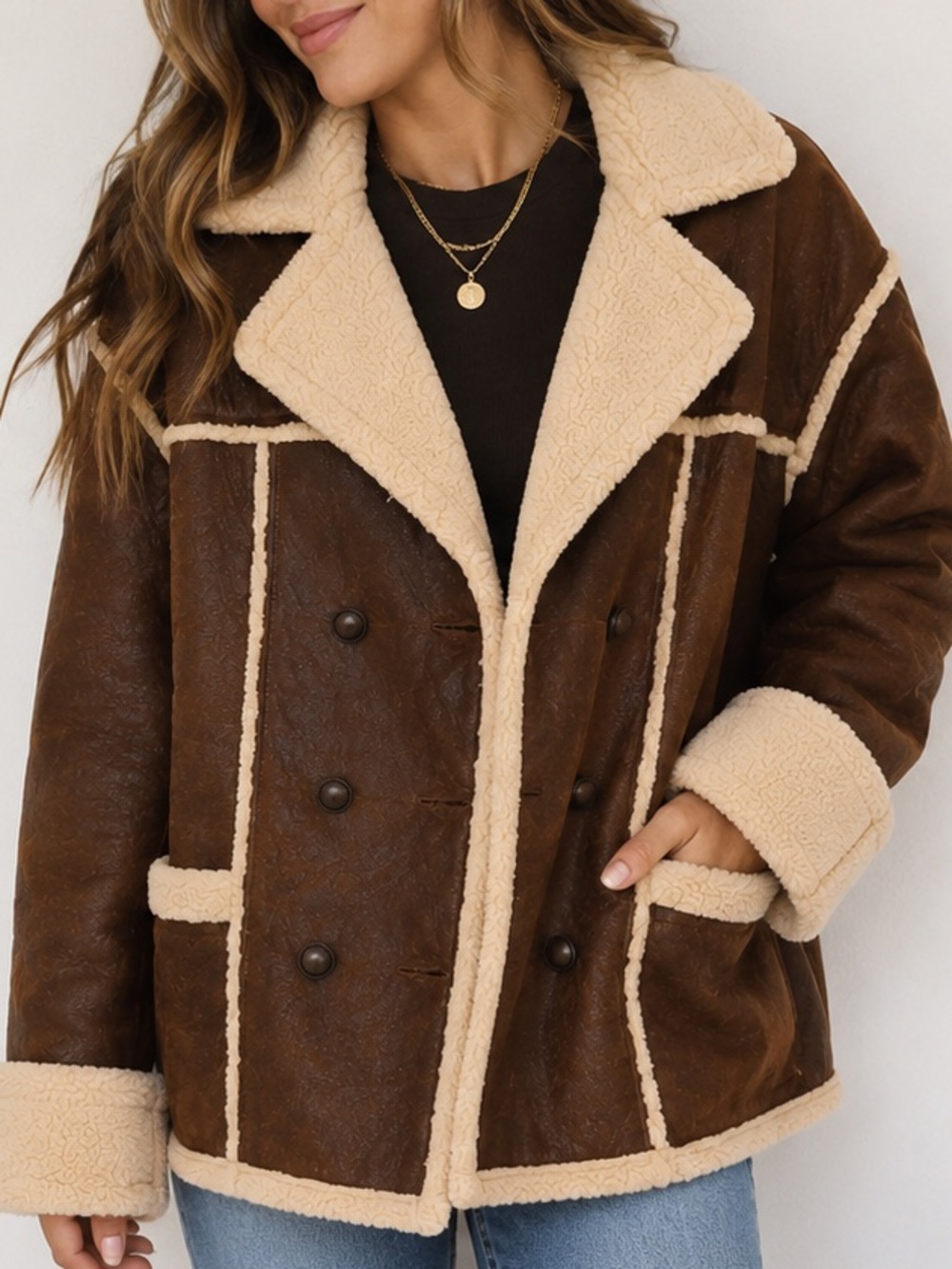 Vintage GUESS Leather Shearling Jacket Brown Cream Size L
